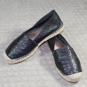 Fabiolas Size 9.5 /41 Luxury Black Leather Pebbled Ostrich Espadrille Flats